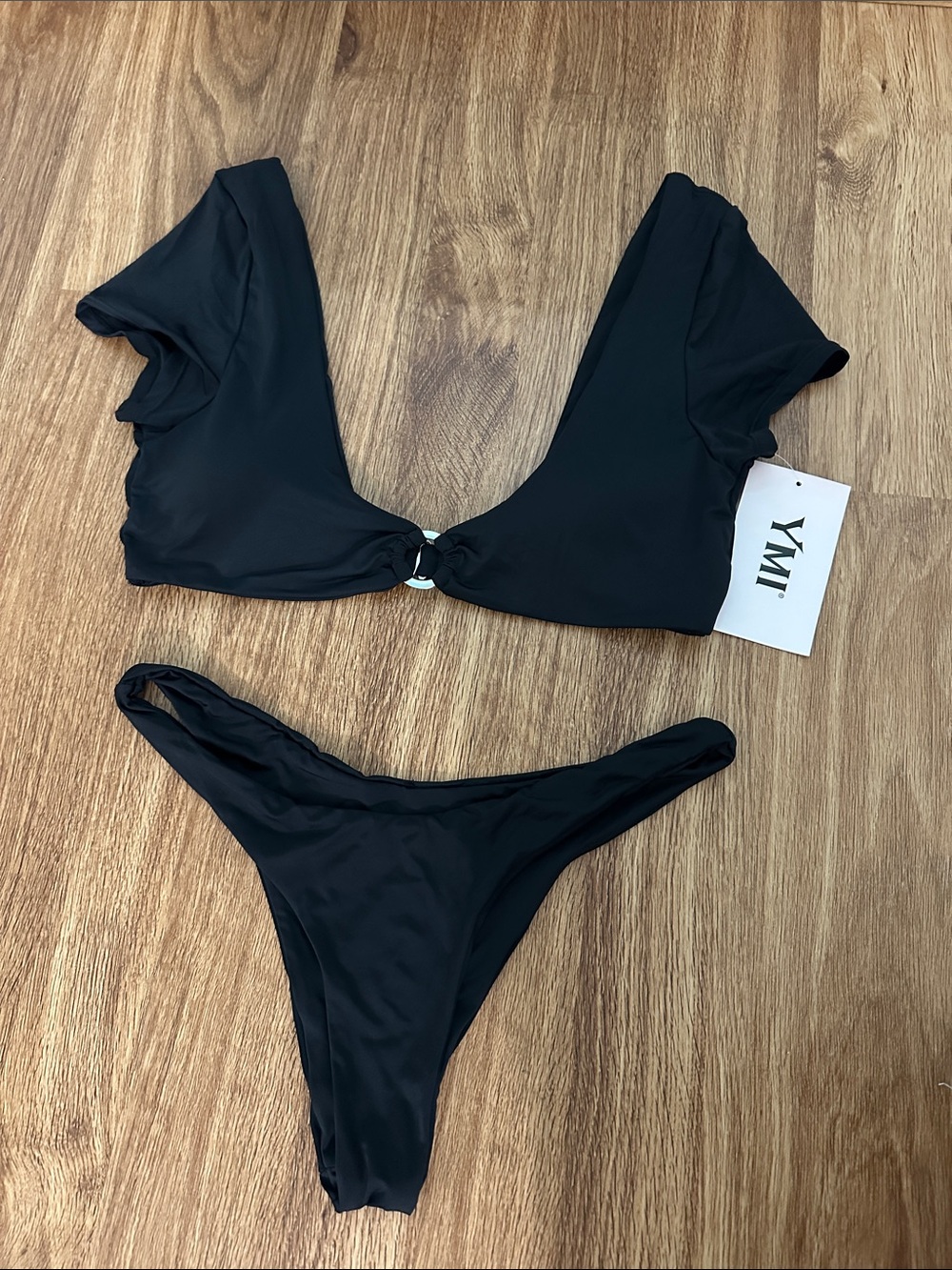 YMI Black Sleeve Two-Piece Bikini with Ring Front